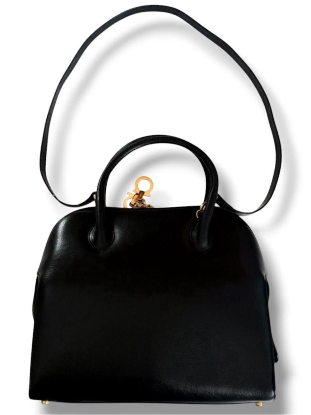 Salvatore Ferragamo Gancini Black Leather Dome Satchel 2-Way Gold Hardware
